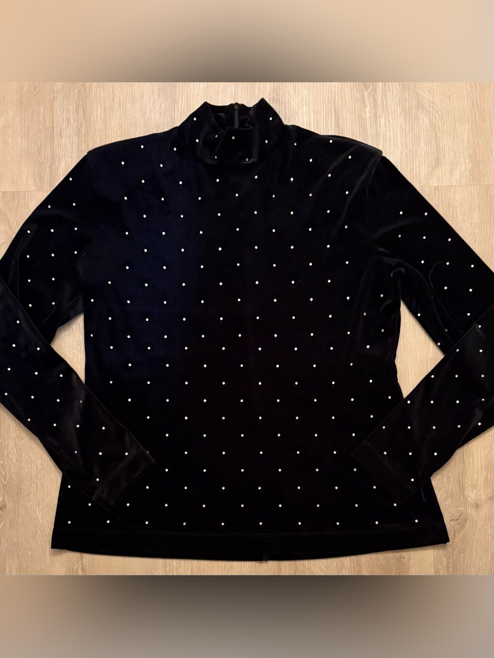 H&M Black Velvet Rhinestone Studded Mock Neck Long Sleeve Top Size L Party